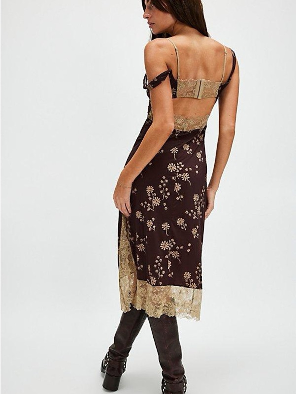 NWT Free People Brown Floral Slip Dress with Beige Lace Trim - Picture 2 of 6